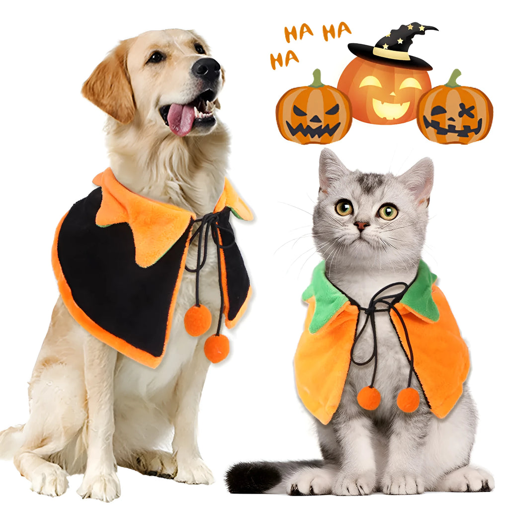Reversible plush Halloween pumpkin cloak for dog or cat shown in three sizes