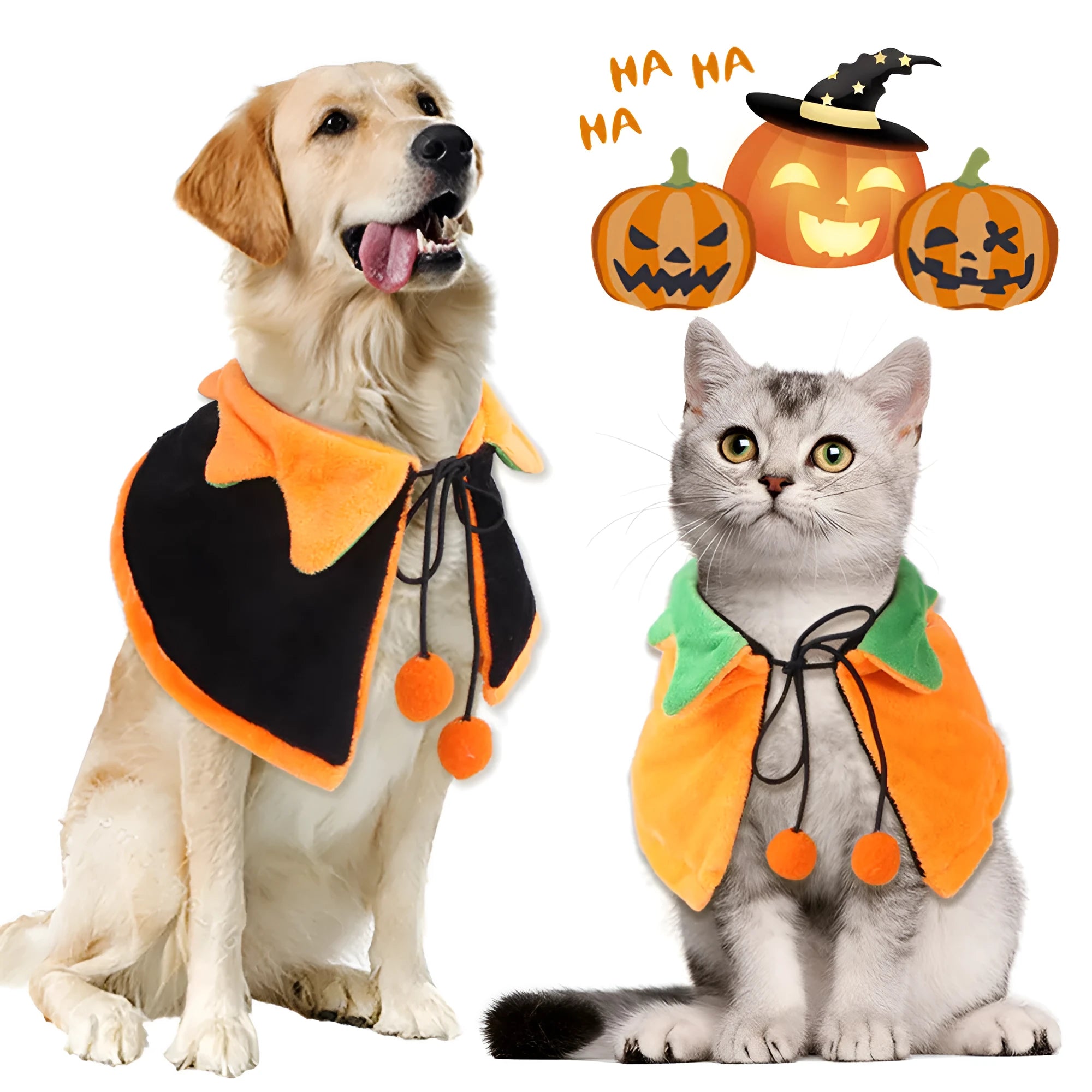 Reversible plush Halloween pumpkin cloak for dog or cat shown in three sizes