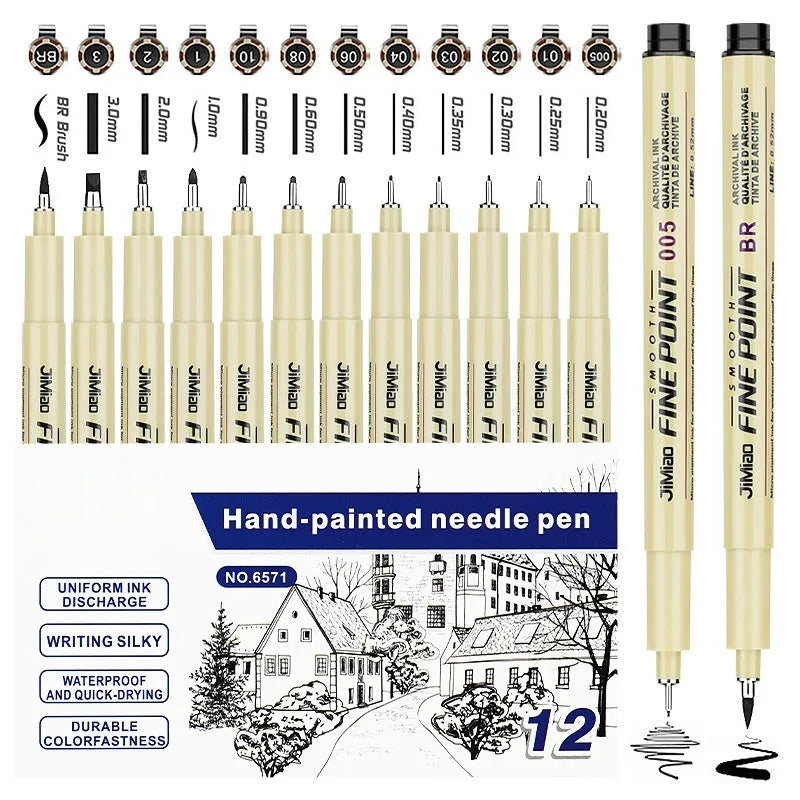 Waterproof needle pen with hook line art cartoon sketch design and syringe-style appearance