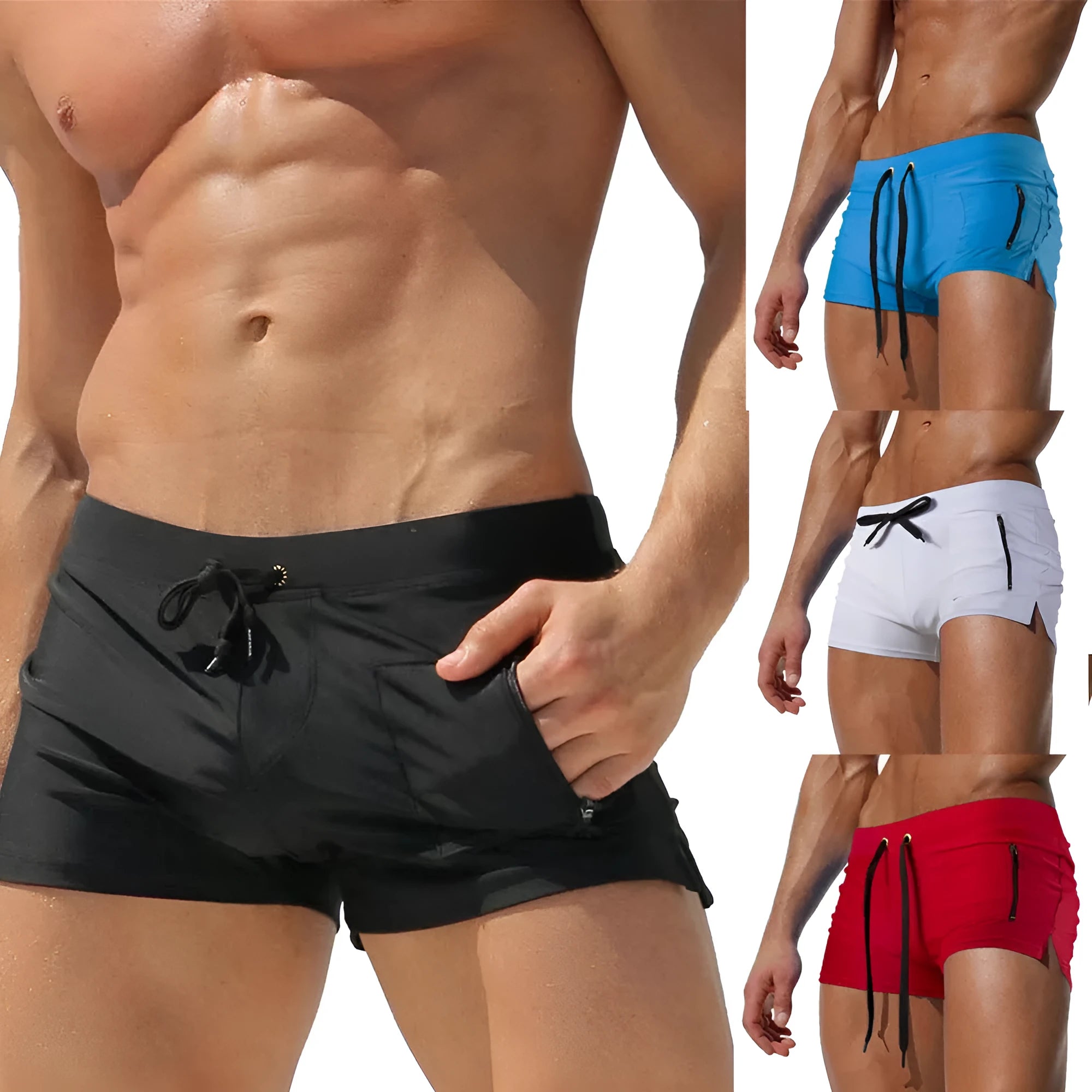 Men's black high-waist swimming trunks with front lace-up detail and spandex lining.