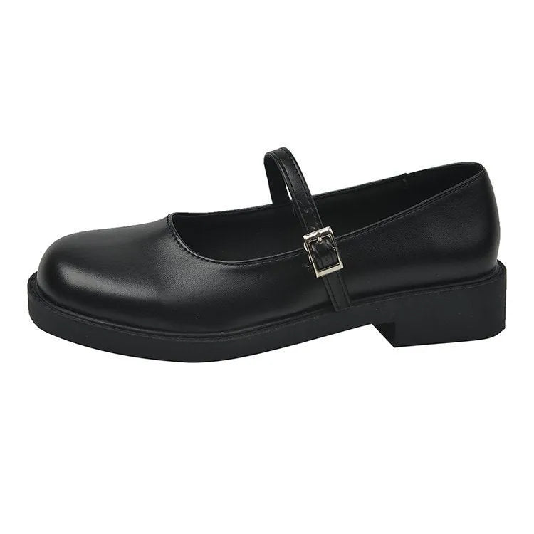 Women's solid colour French vintage leather shoes with flat heel and round toe in red, black and grey options