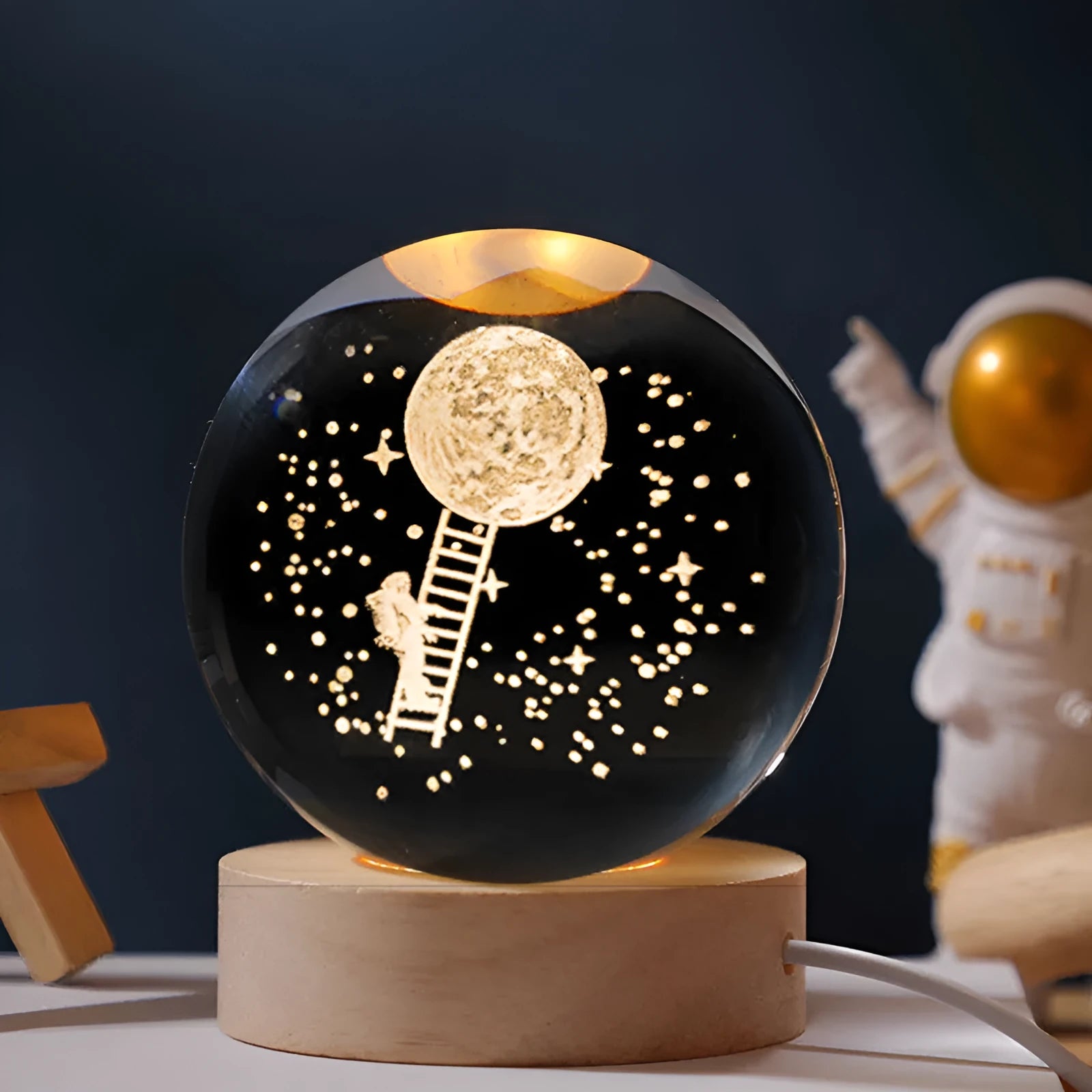 Crystal ball decorative lamp projecting starry sky pattern on wooden base desktop night light