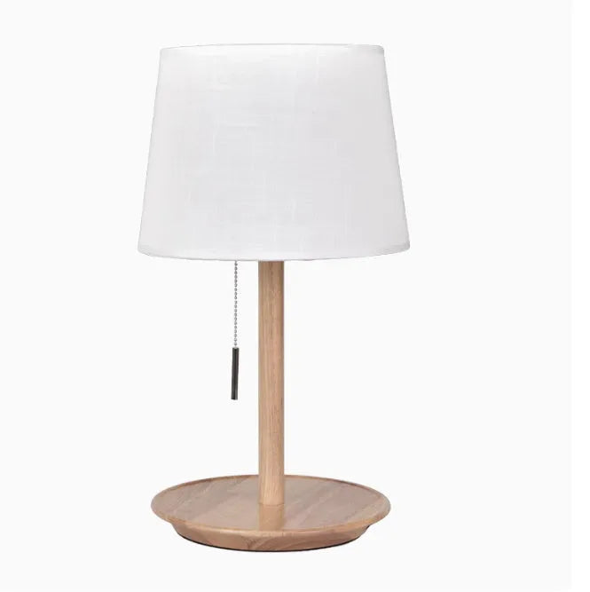 Walnut wood desk lamp with fabric shade and cable switch