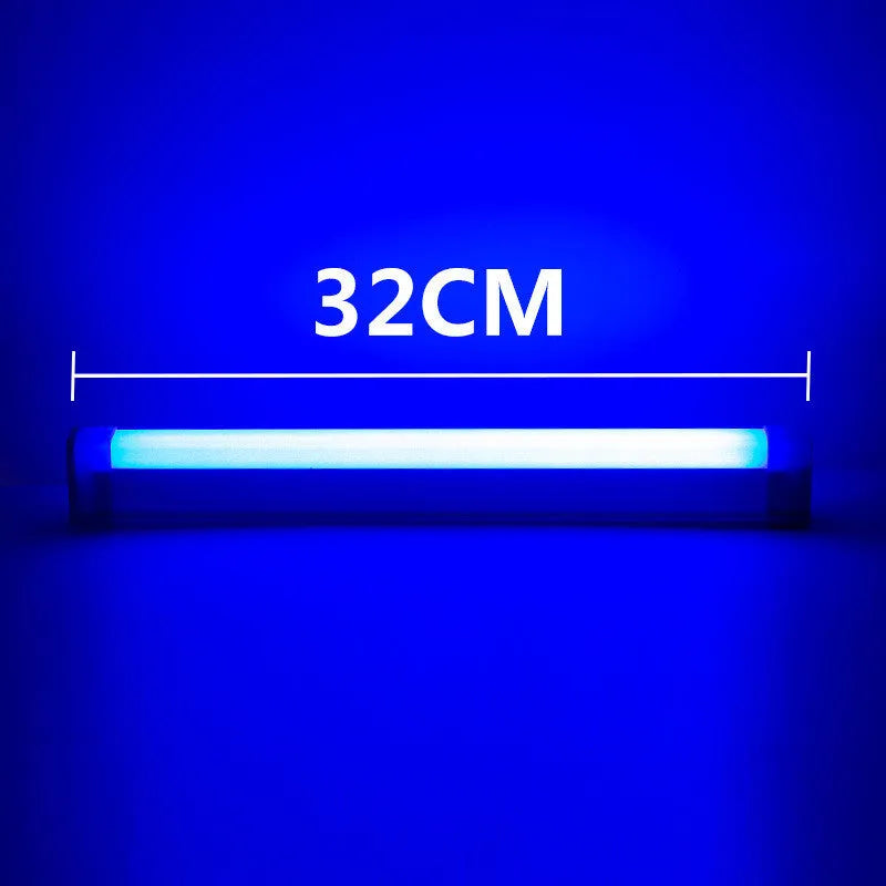 Rechargeable dimmable LED tube light in blue or purple colour showing 17cm, 32cm, and 52cm size options.
