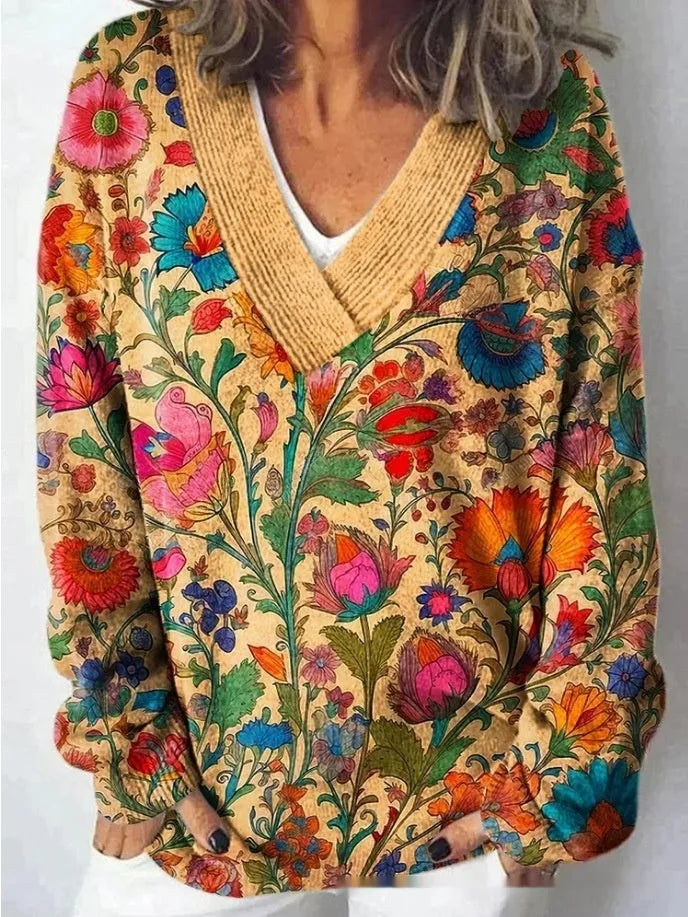 Women's V-neck sweatshirt with 3D floral pattern print in polyester fabric