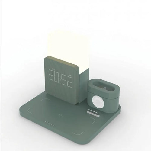 3-in-1 Qi wireless charger stand in dark green colour showing phone and smartwatch charging positions