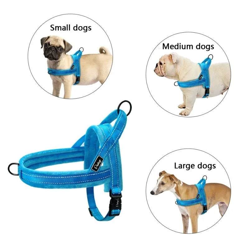 No pull dog harness: leather with padded strap, colour options Black, Blue, Pink, sizes L to XXS