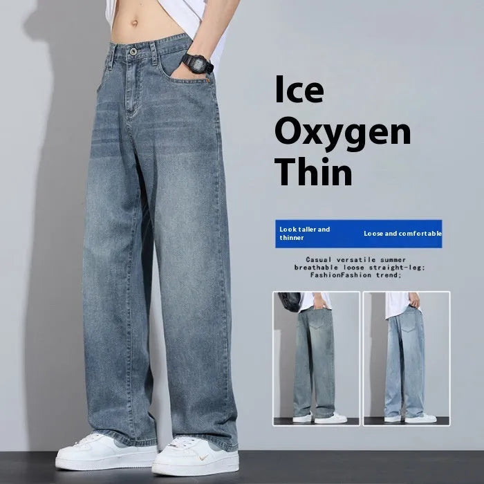 Straight leg casual trousers in ice silk Denim fabric with wide-leg design and zip placket closure