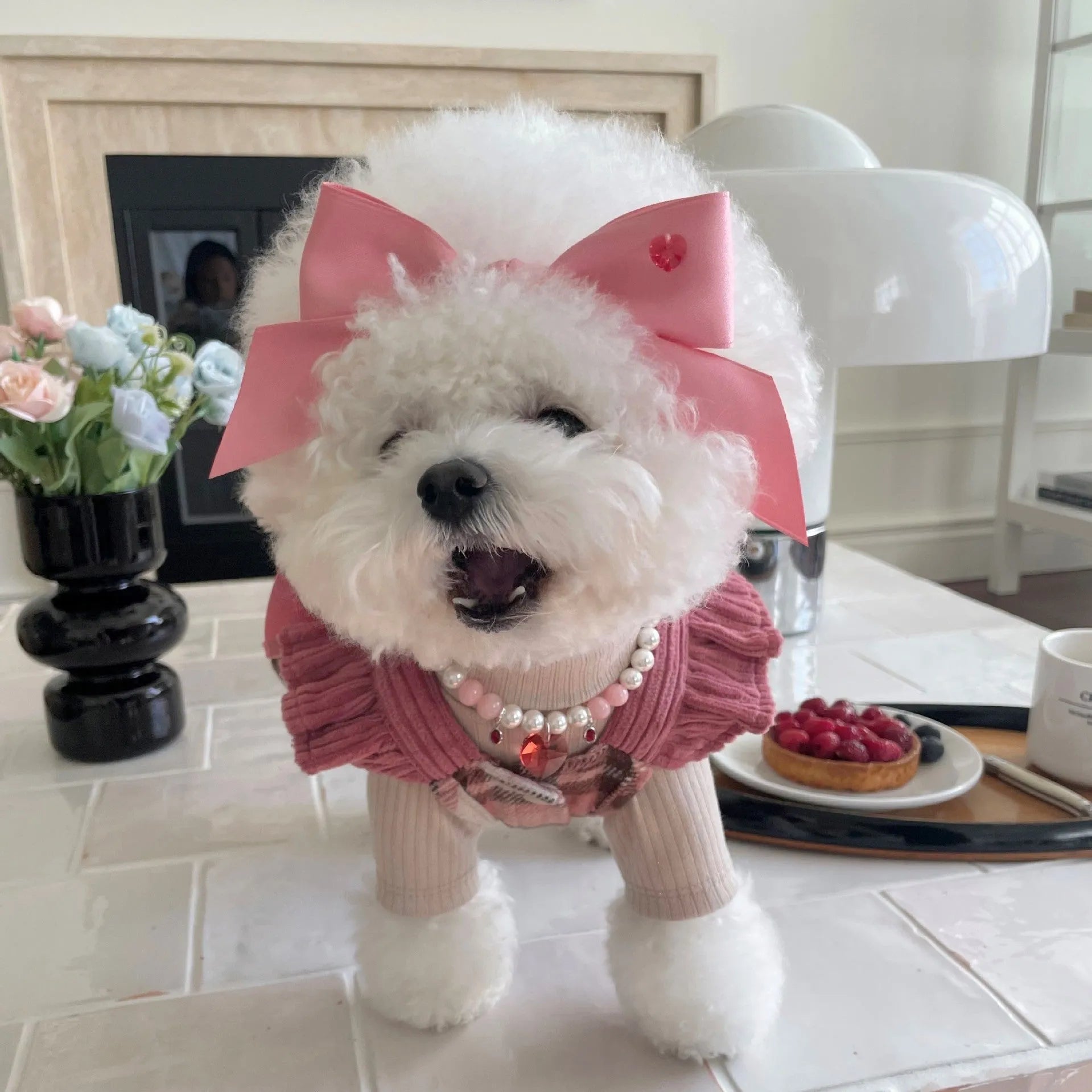 Blue and pink adjustable bow dog headdress hair band on a white background.