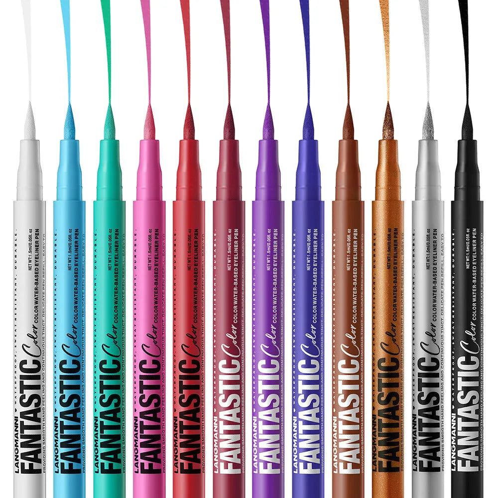 Matte anti-smudge liquid eyeliner in twelve colours including white, gold, purple, brown, blue, and iron grey