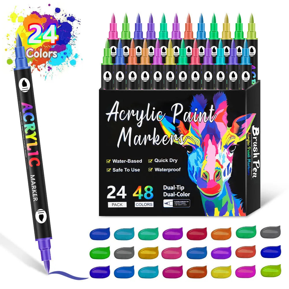Set of double-headed acrylic marker pens with washable quick-drying ink in various colours