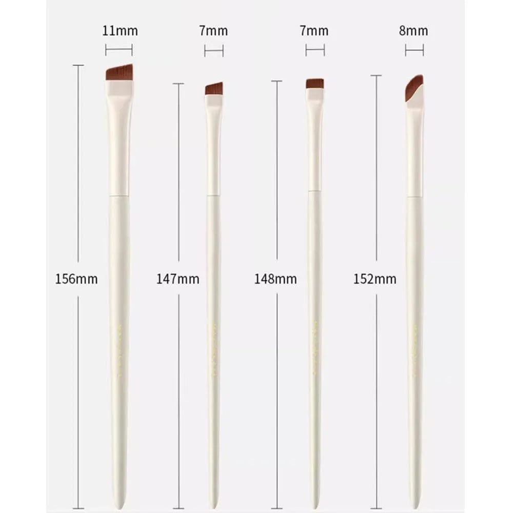 Four angled eyeliner and brow brushes with fine bristles in a leather makeup case