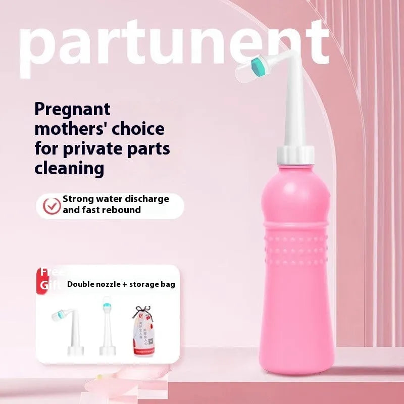 Female private parts cleaning device with dual nozzle and storage bag, pink 400ml