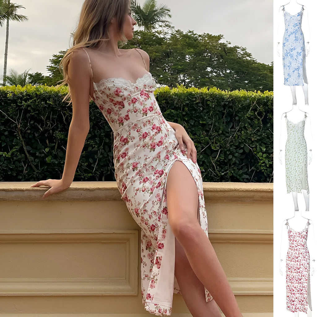 Women's lace flowers print long dress with suspender straps and side slit design