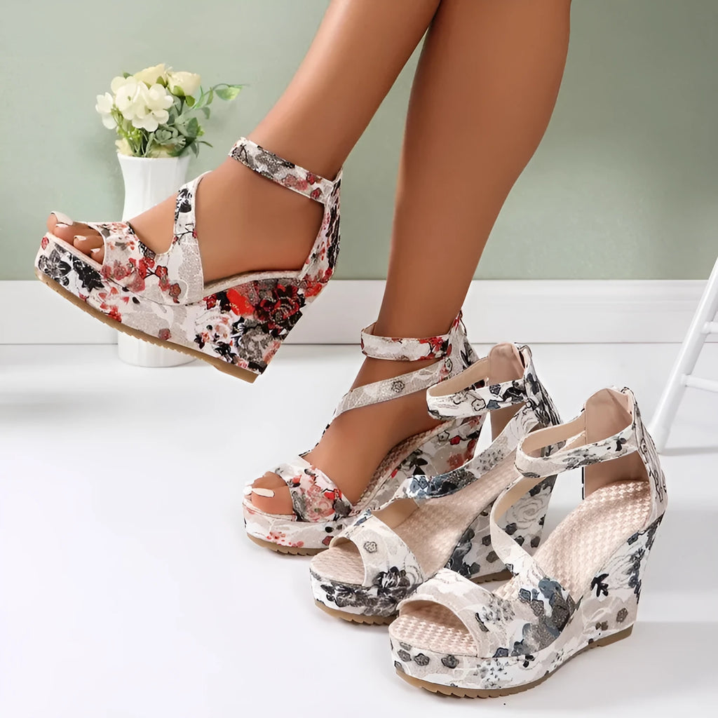 Women's black lace up muffin wedge sandals with fish mouth toe and PU upper