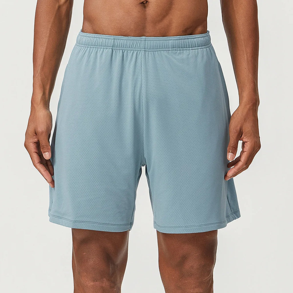 Men's sky blue double-layer running shorts with mid-waist fit and inner lining laid flat.