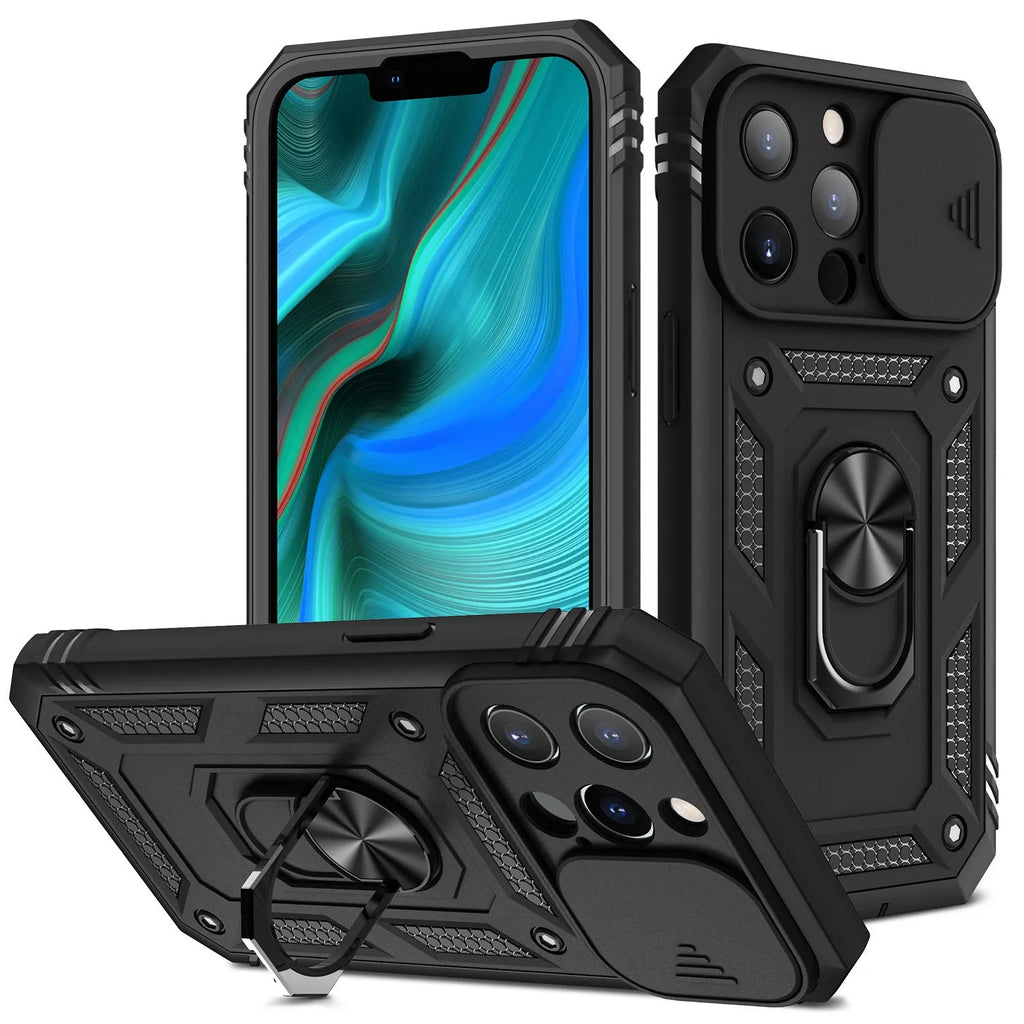 Two-tone magnetic iPhone case with sliding window bracket in sapphire blue