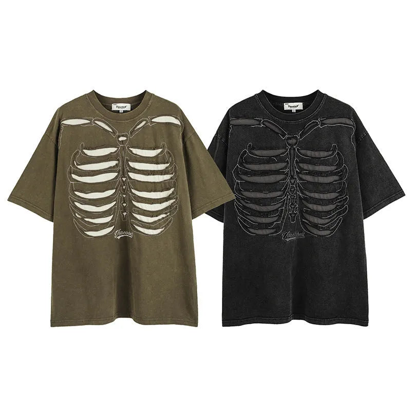 Man's brown loose-fit T-shirt with a skull and letter graphic print on the front, featuring drop-shoulder sleeves.