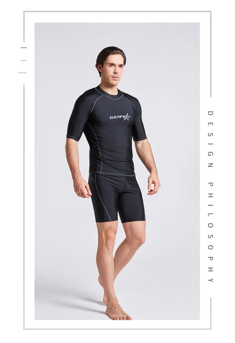 Men's quick-dry half sleeve swimsuit set in nylon fabric for snorkelling and surfing activities
