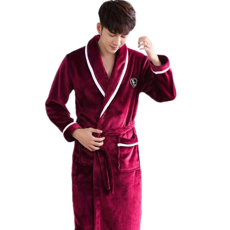 Flannel thickened long section bathrobe for men and women with wine red and white stripes, pastoral style, size options M to 3XL