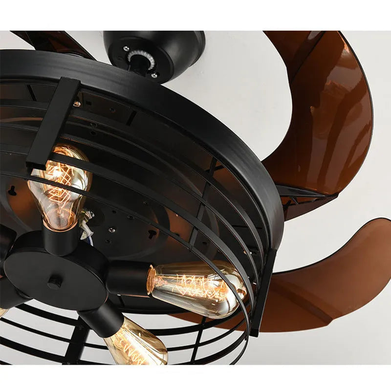 Industrial Wind American retro style ceiling fan lamp with acrylic blades and integrated light shade, remote control on side.