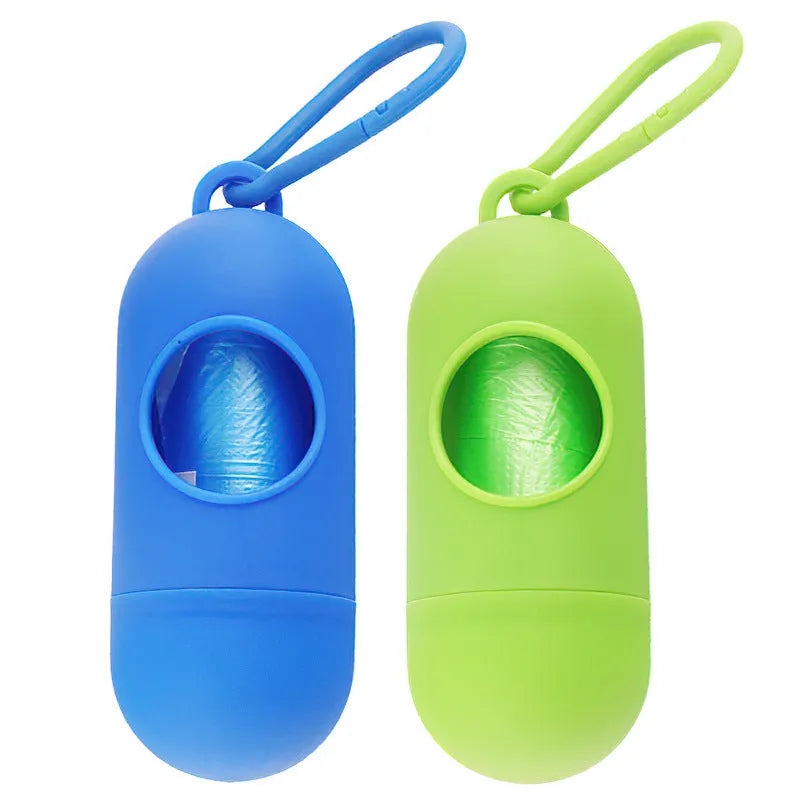 Small plastic dog poop bag dispenser with a side hook and Velcro strap in assorted colours.