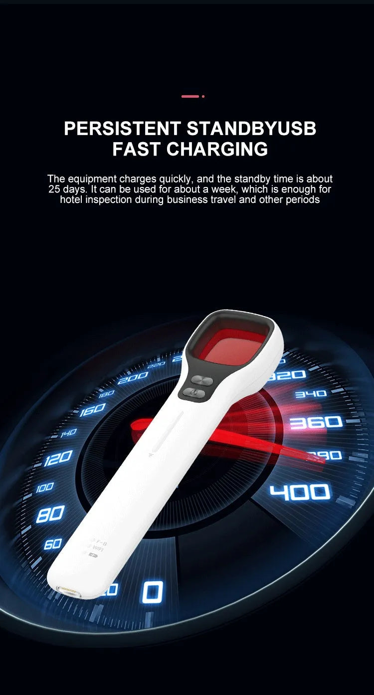 Anti-theft anti-surveillance detector in black, 130x31x13mm, with USB port for charging