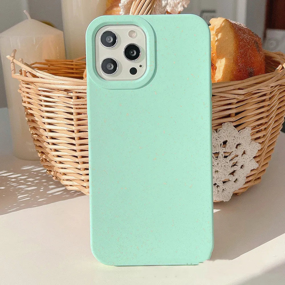 Wheat straw degradable rear cover phone case for iPhone on a white background.