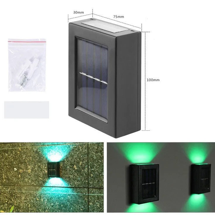 Solar garden wall light with plastic housing measuring 30x75x100mm providing decorative outdoor illumination