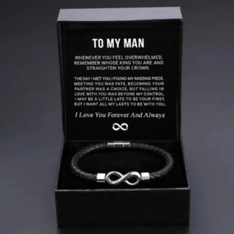 Men's retro stainless steel and handmade leather bracelet in black with engraved card gift box