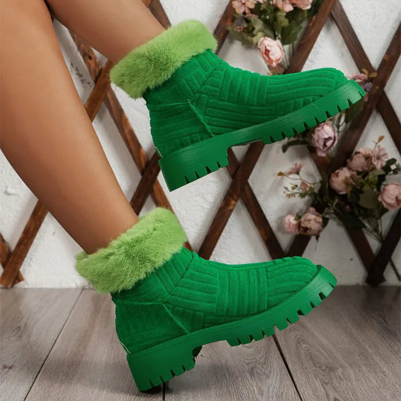 Women's winter ankle boots in green with artificial PU upper, thick rubber sole, and plush cotton lining