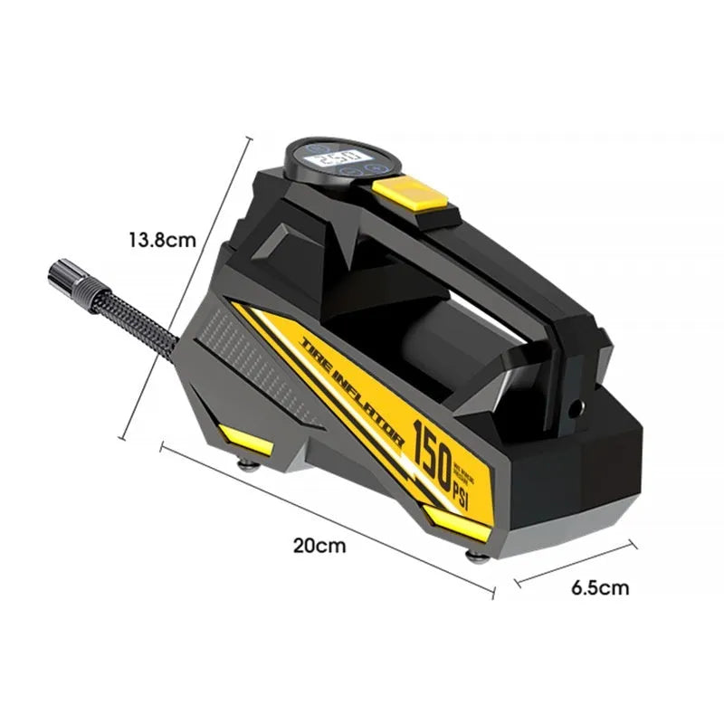 Black portable car tyre inflator with digital display and air hose, shown next to a car tyre valve.