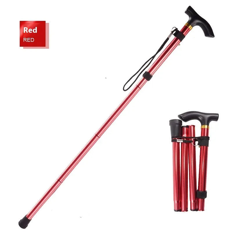 Aluminium alloy folding walking stick with non-slip handle, shown extended and in black colour.