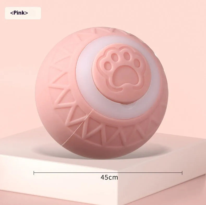 Blue and pink automatic self-moving silicone cat toy ball with charging cable.
