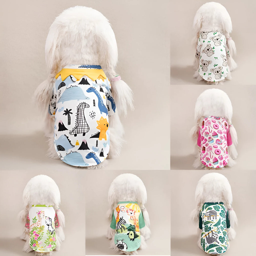 Colourful printed T-shirt on a small dog, showing the casual fit and full graphic design.