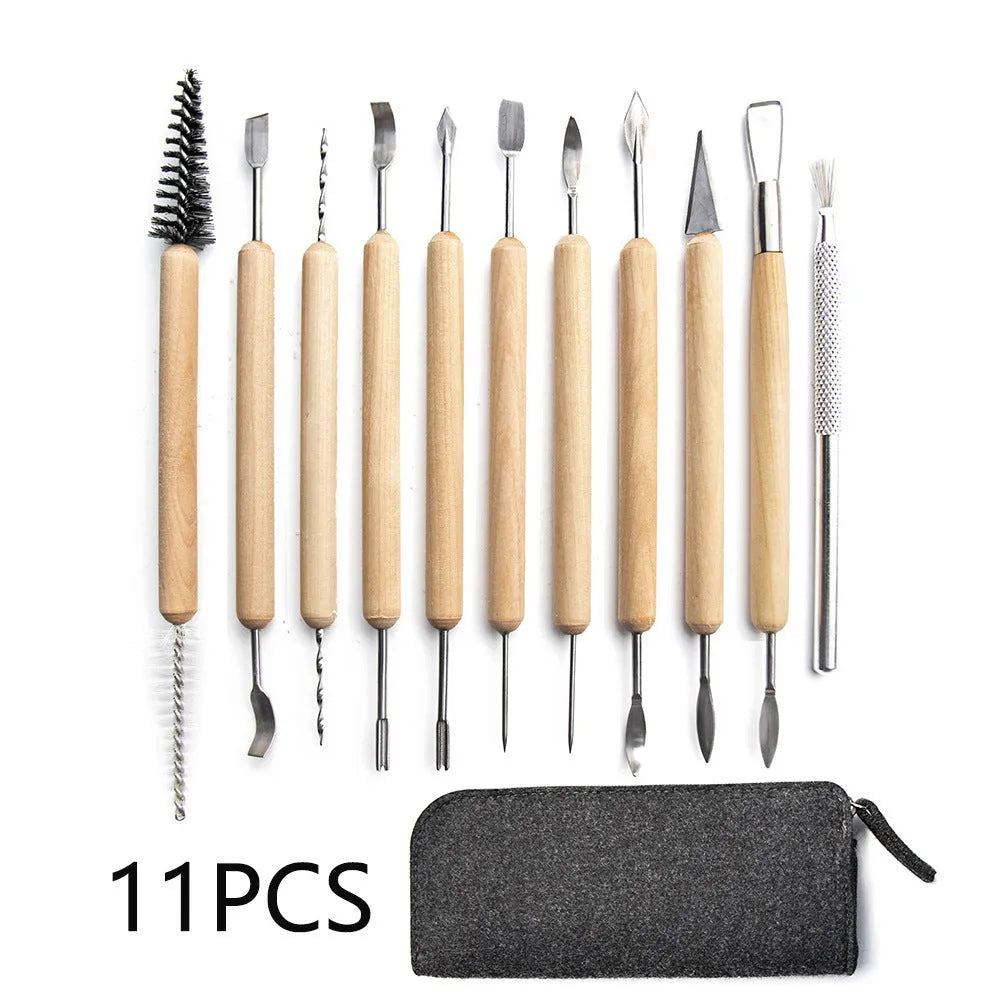 11-piece clay sculpting tool set with wooden handles and stainless steel heads on a blue felt bag.