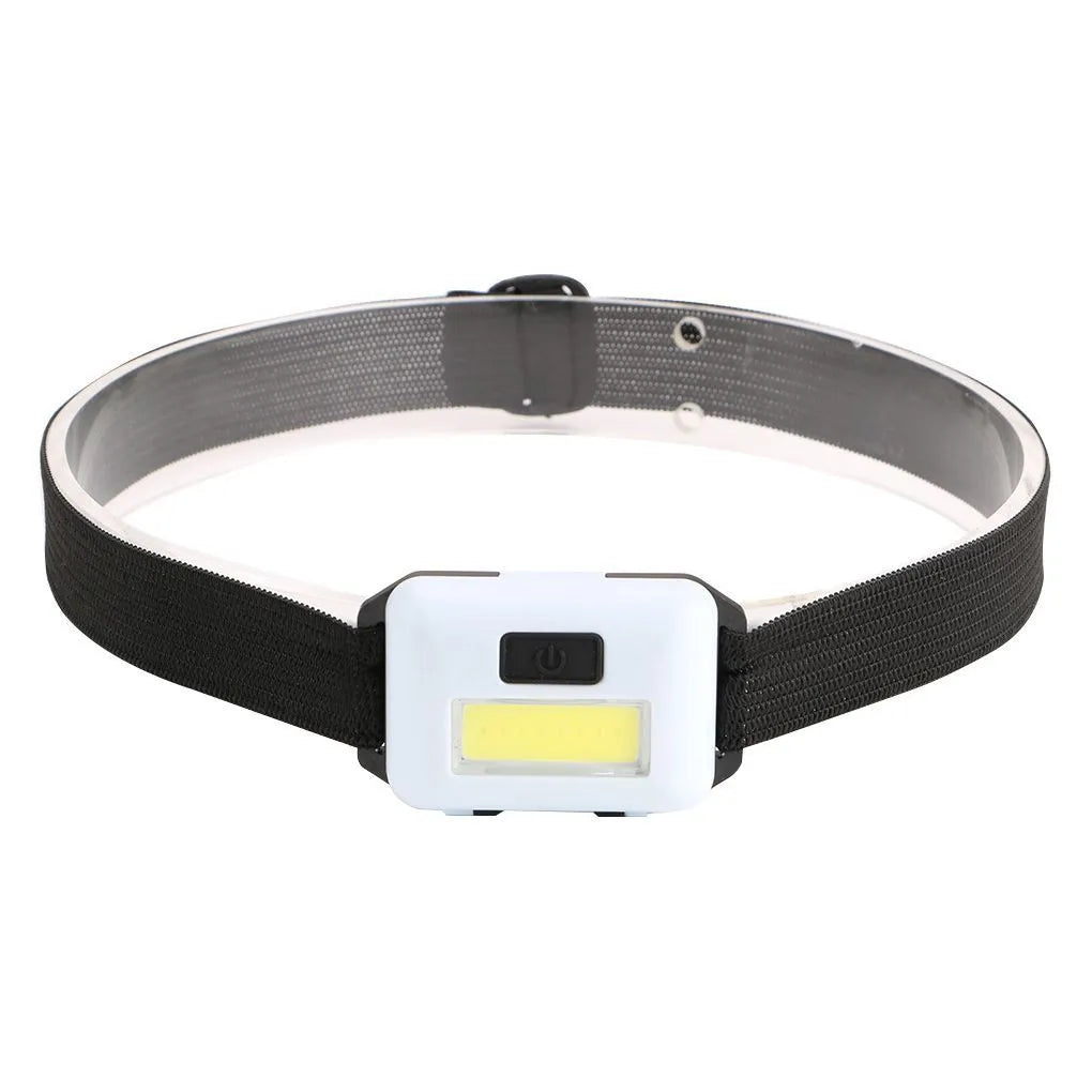 Compact blue, black, or red LED headlamp with a polyester head strap, showing 3W COB bulb.