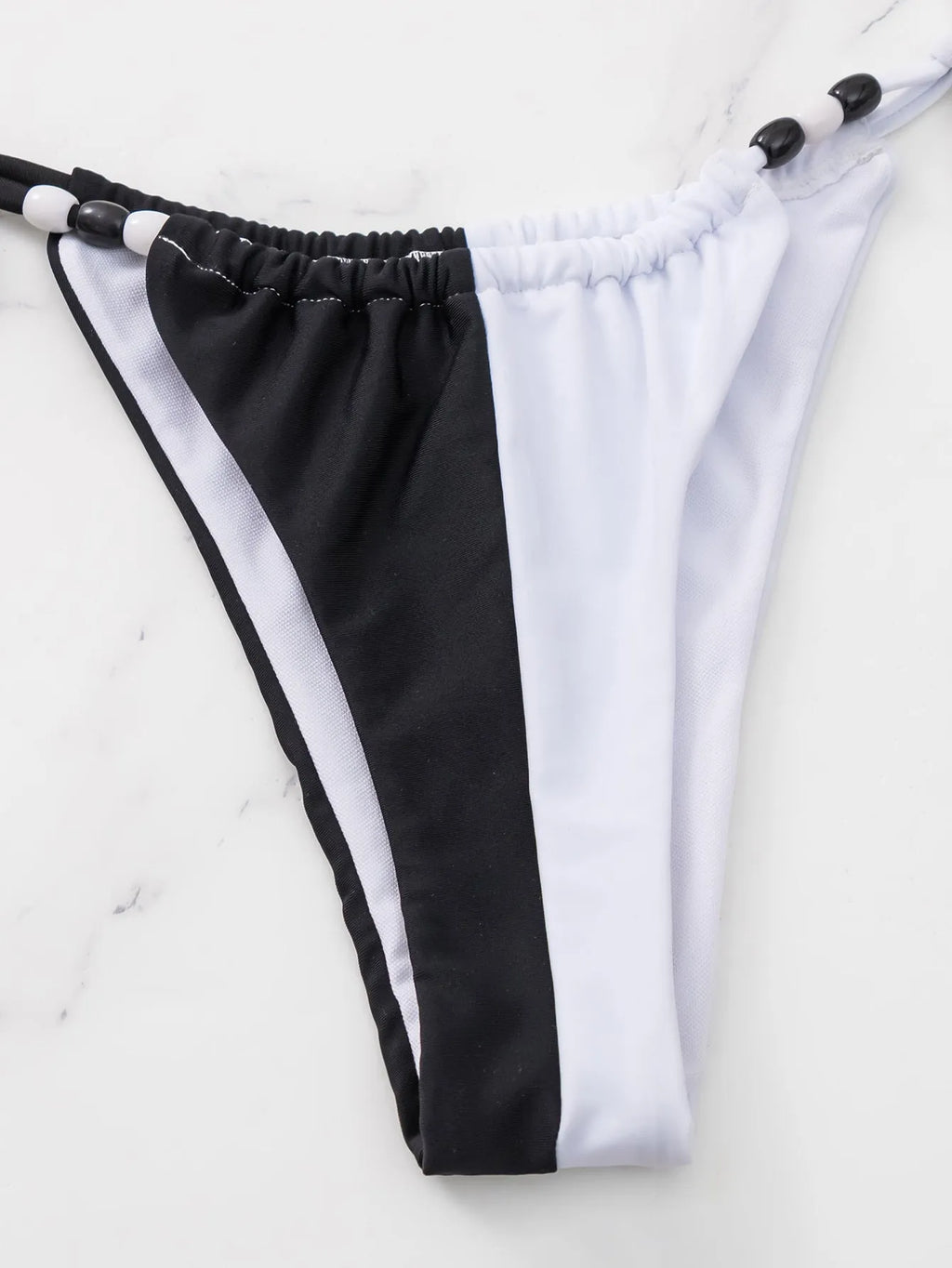 Black and white women's lace-up triangle cup bikini swimsuit