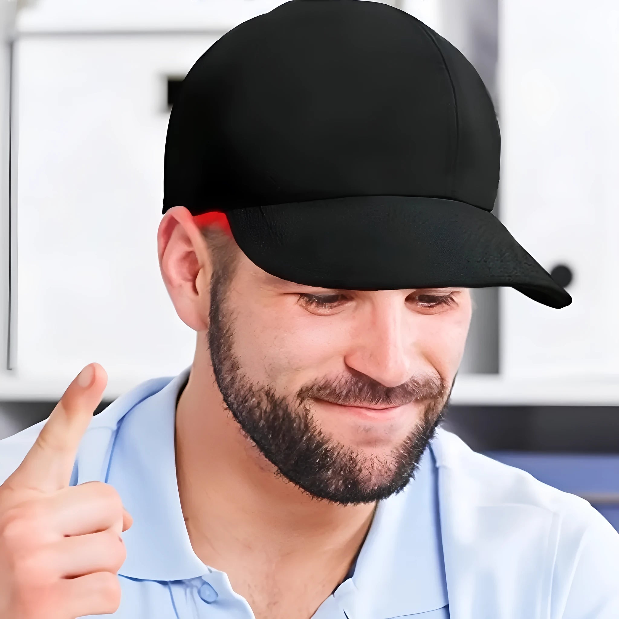 Black infrared hair growth peaked cap with 180 LED red light therapy for scalp treatment
