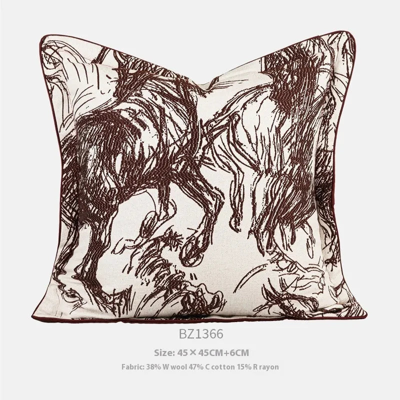 Abstract horse motif jacquard cushion in square and waist sizes with black, gold, and purple colour options