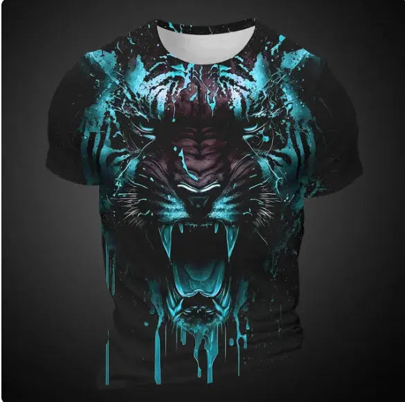 Men's 3D tiger pattern T-shirt in polyester with digital printing and short sleeves