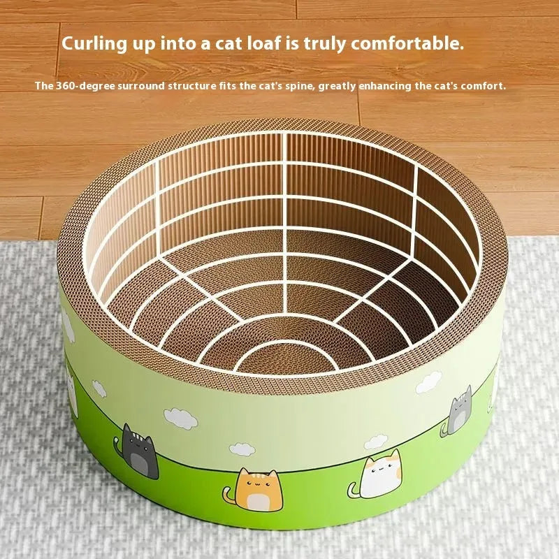 A large, round, beige corrugated cardboard cat scratch board with deep concentric grooves on its surface.