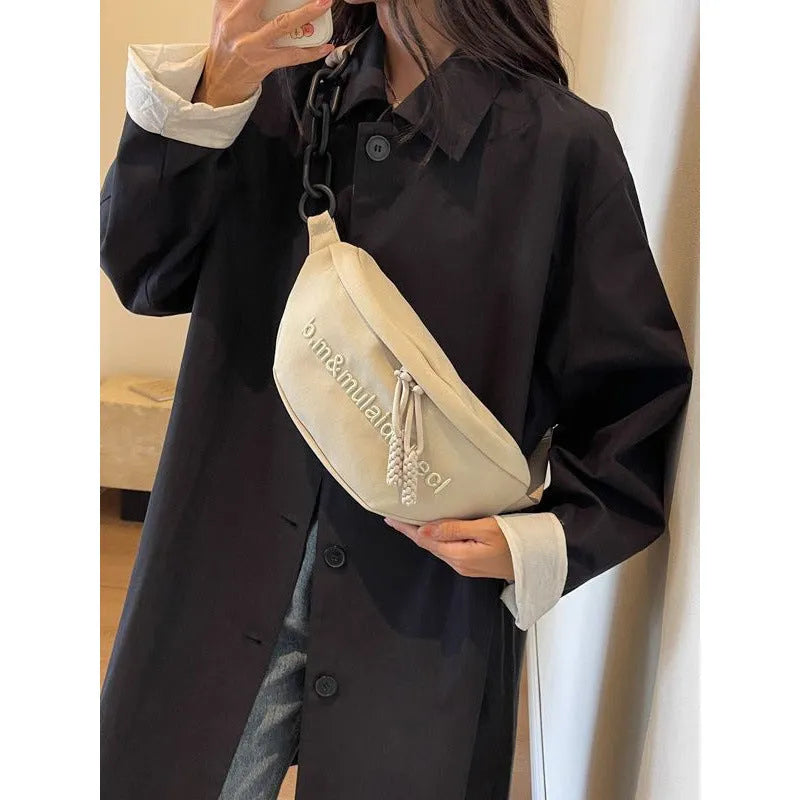 Women's shoulder bag in nylon with chain detail and outer pocket, urban simplicity style, beige colour option