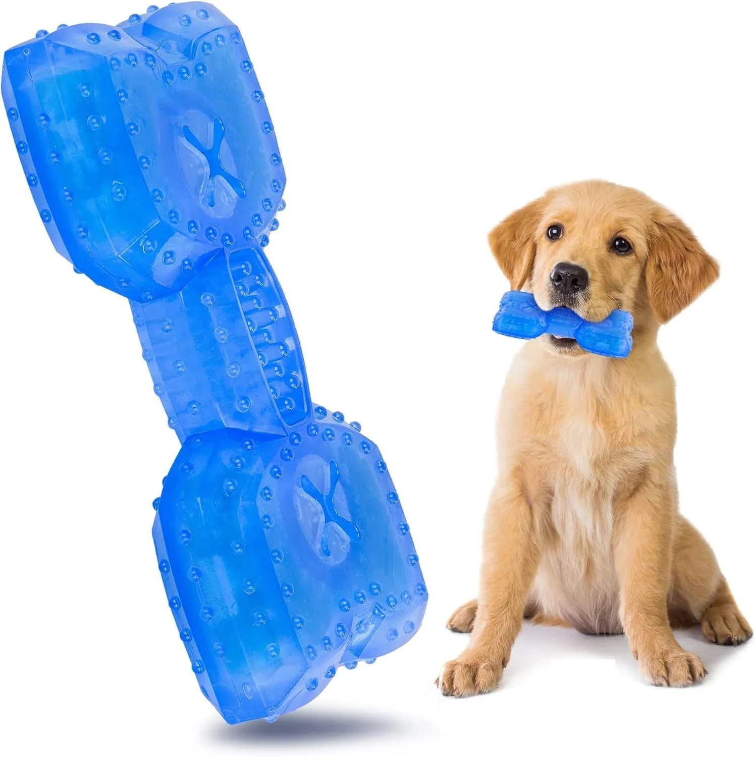 A non-toxic freezable dog chew toy for teething puppies and dogs, shown with a thickened outer design.