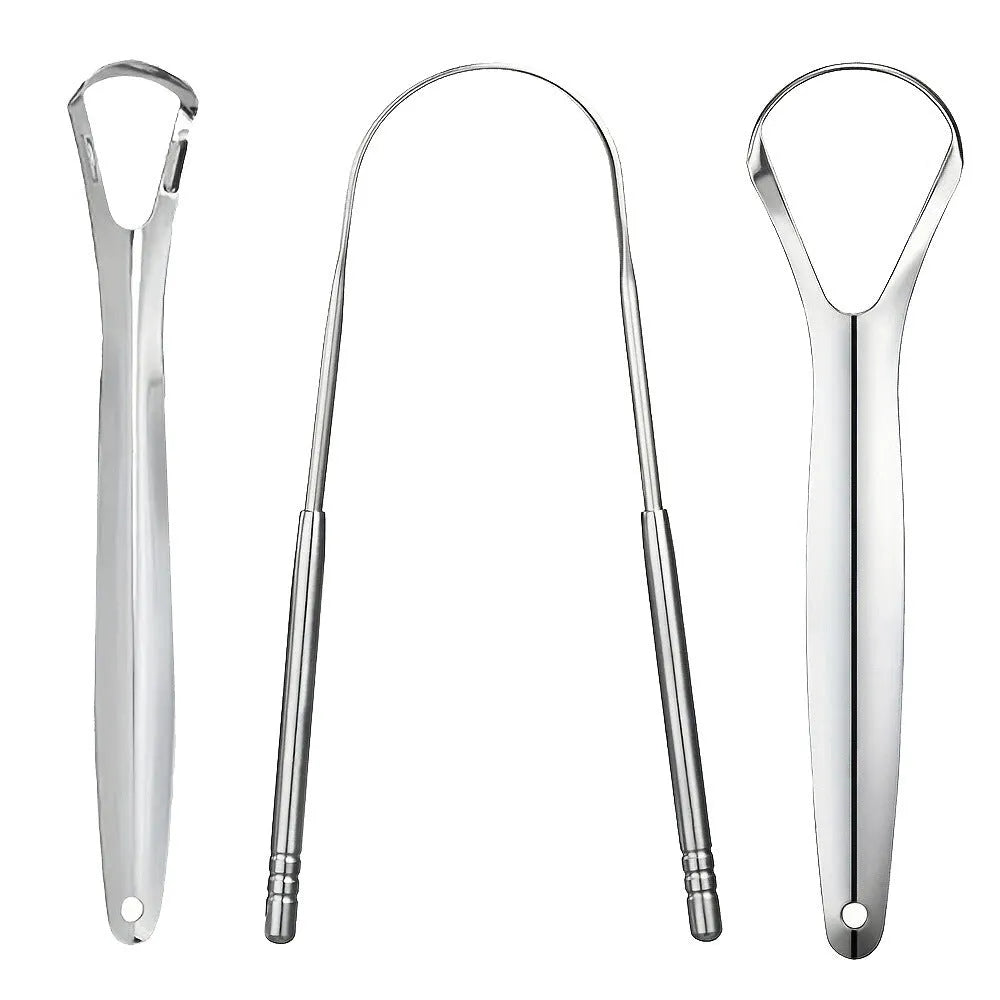Stainless steel tongue scraper set with U-shaped and spoon type scrapers in pearlescent bags