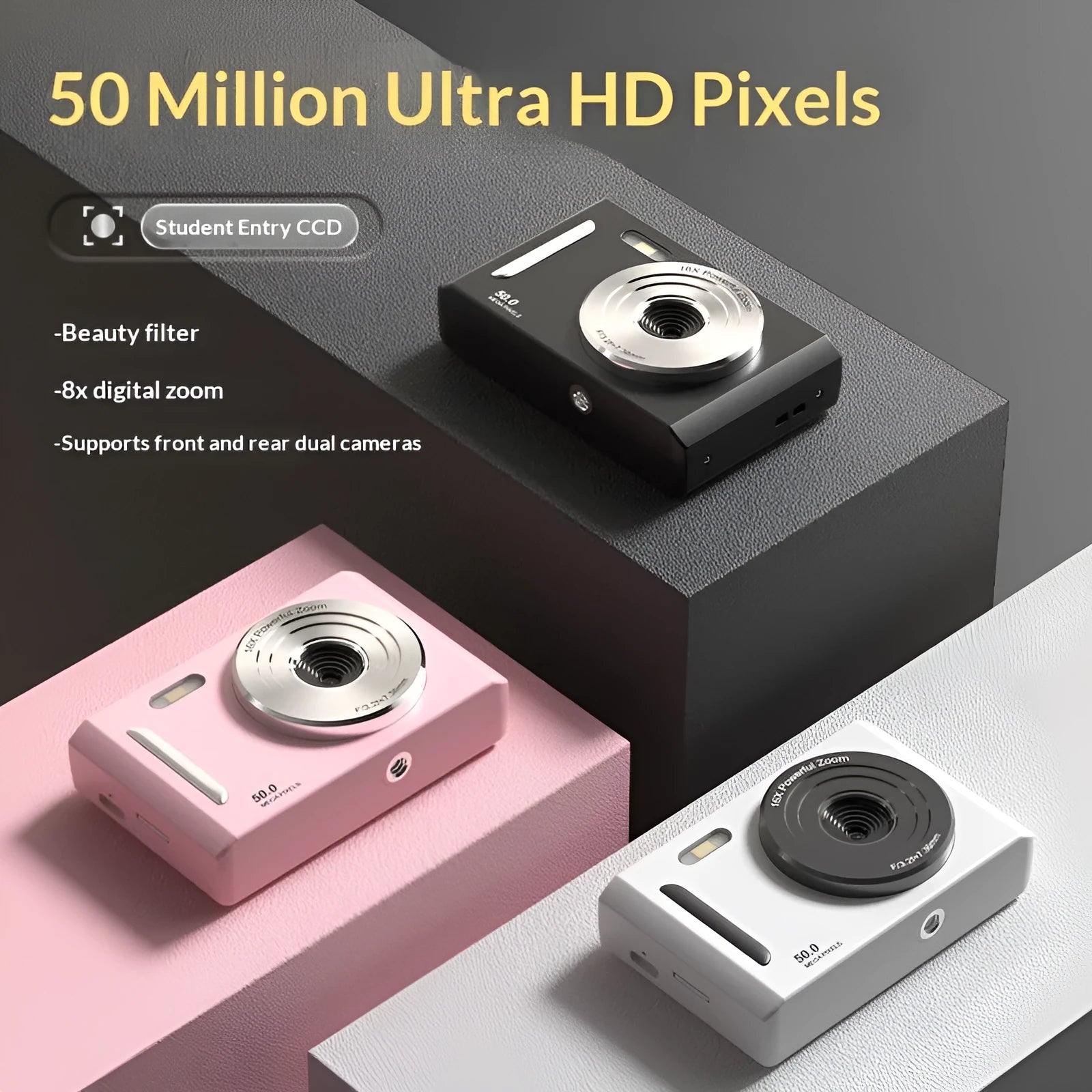 CCD student camera with dual front and rear cameras, HD screen, available in pink and black colours