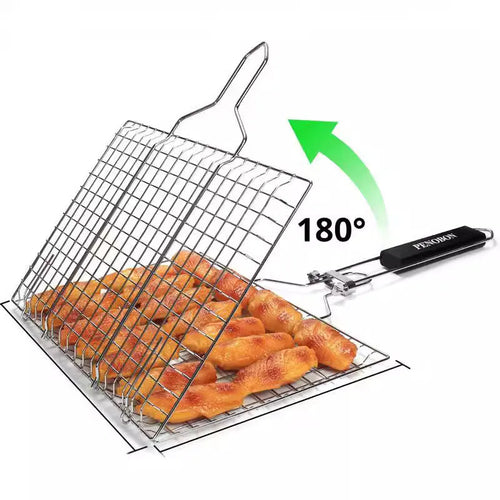 Square stainless steel barbecue mesh basket with folding design and cleaning brush
