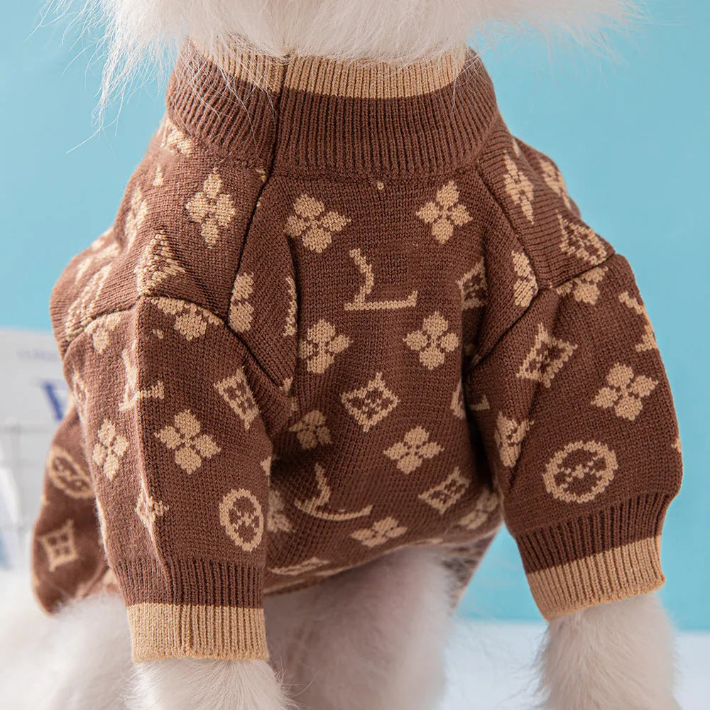 Wool-blend knitted dog sweater in a solid colour on a model dog.