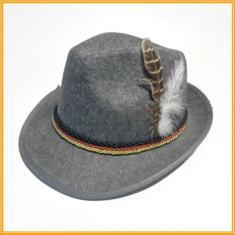 Performance Composite Turkey Feather Hat velvet fedora jazz hat in light gray with feather decoration