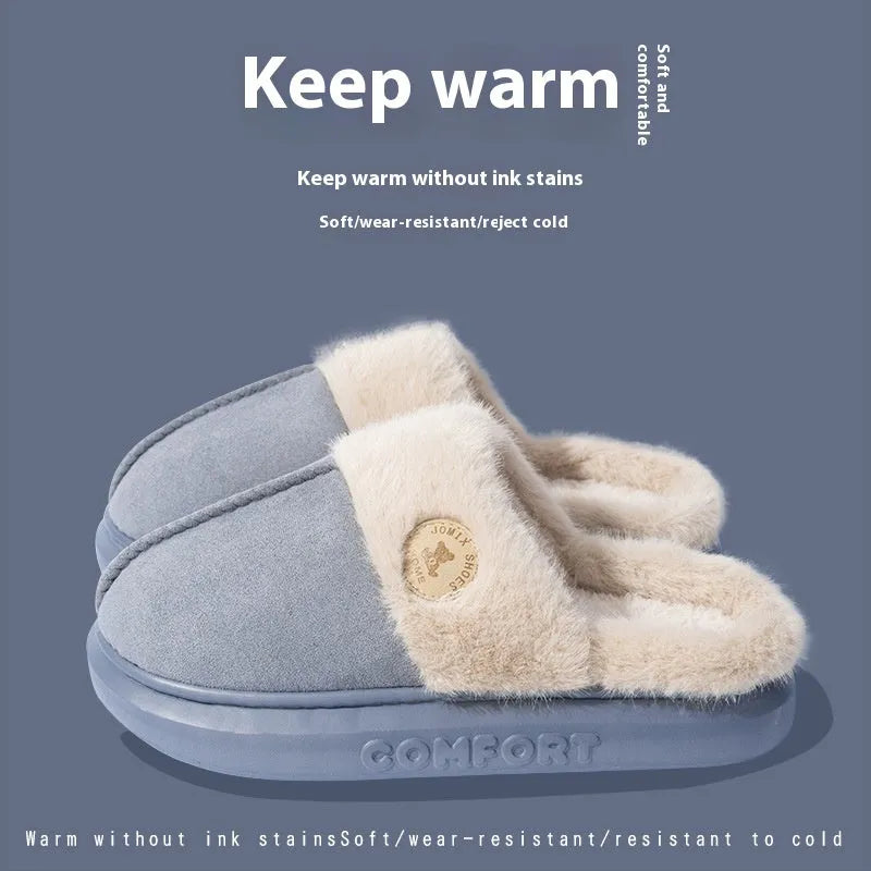 Plush fleece indoor slippers with thick PVC non-slip soles in multiple colours.